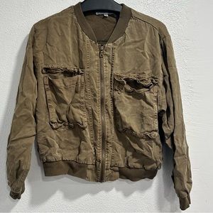 YOUNG FABULOUS & BROKE Army Green Tencel Bomber Jacket zip lightweight military